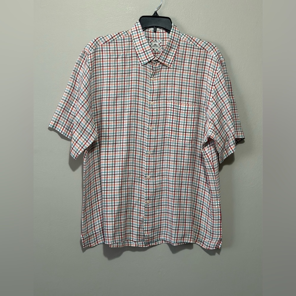 Peter Millar Shirt Mens XL Extra Large 100% Linen Short Sleeve Button Up Plaid